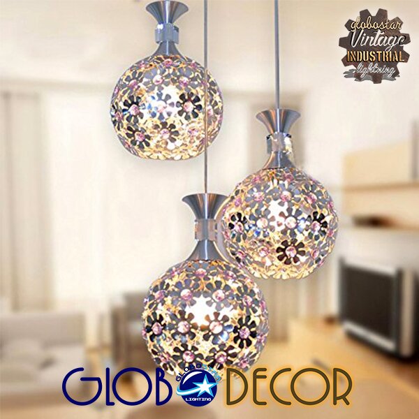 GloboStar® BOUQUET 01249 Μοντέρνο Κρεμαστό Φωτιστικό Οροφής Τρίφωτο 3 x E27 Ασημί Μεταλλικό με Κρύσταλλα Μ64 x Π18 x Υ24cm