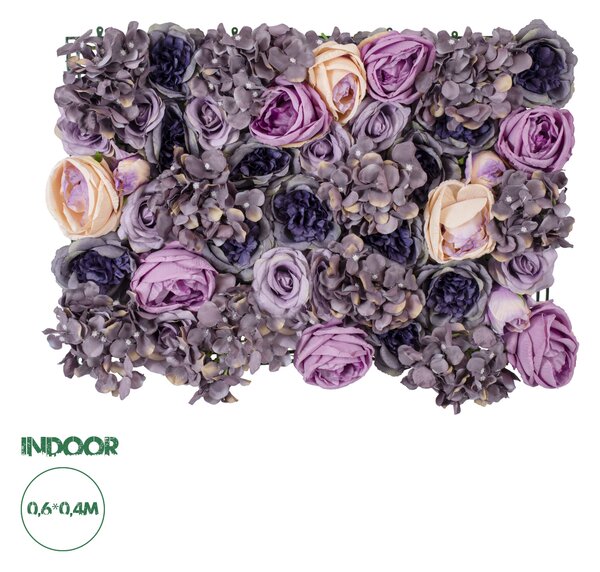 GloboStar® Artificial Garden ROSES STORY 20352 Τεχνητό Διακοσμητικό Πάνελ Λουλουδιών - Κάθετος Κήπος σύνθεση Μωβ & Ροζ Τριαντάφυλλα Μ40 x Π60 x Υ8cm