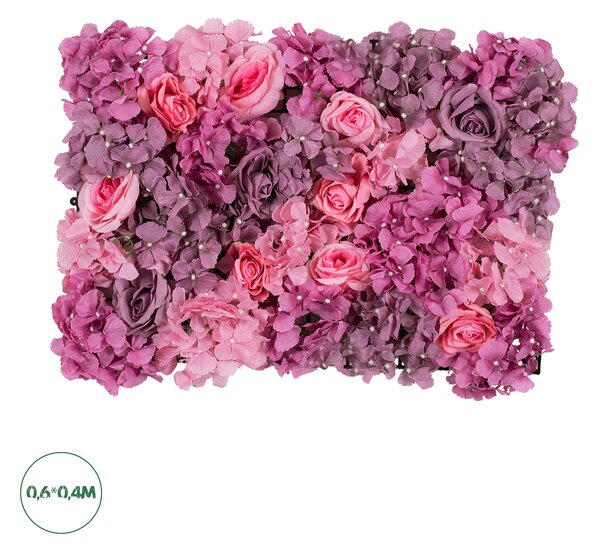 GloboStar® Artificial Garden ROSES STORY PURPLE 78336 Τεχνητό Διακοσμητικό Πάνελ Λουλουδιών - Κάθετος Κήπος σύνθεση Αμβροσία Μ60 x Π40 x Υ6cm