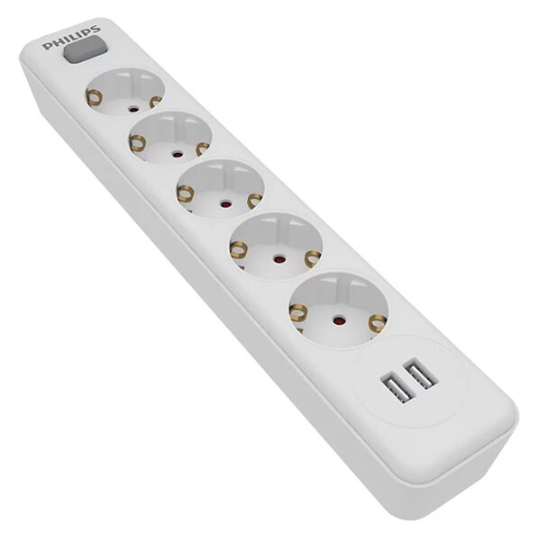 PHILIPS πολύπριζο SPN3052WA, 5x schuko 16A, 2x USB 2.4A, 2m, λευκό