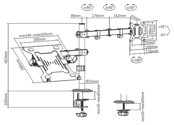 BRATECK βάση γραφείου LDT66-C024ML για οθόνη 17"-32" & laptop, έως 9kg