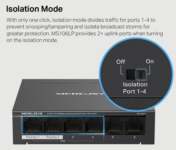 MERCUSYS Desktop Switch MS106LP, 6x 10/100 Mbps, PoE+, Ver. 1.0