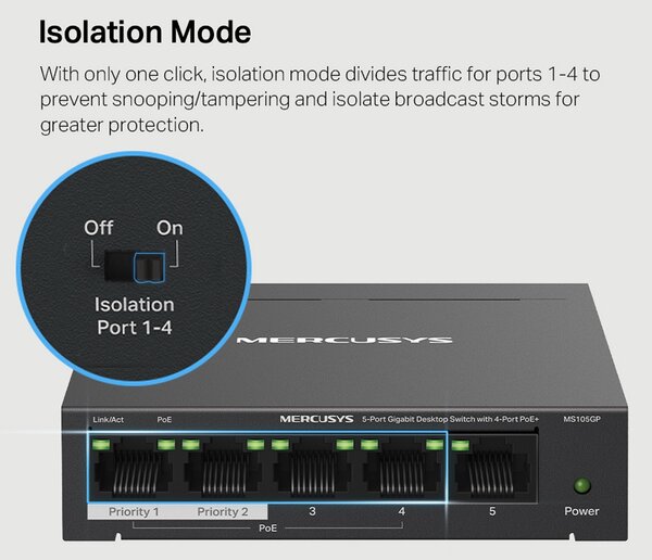 MERCUSYS Desktop Switch MS105GP, 5x 10/100/1000 Mbps, PoE+, Ver. 1.0