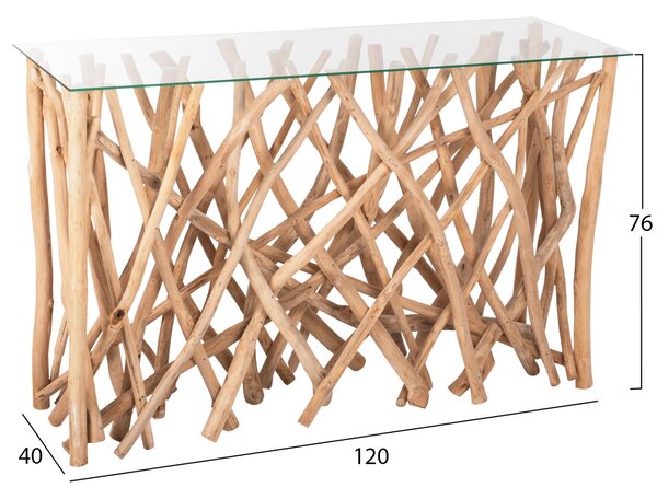 ΚΟΝΣΟΛΑ ΣΕ ΡΟΥΣΤΙΚ ΣΤΥΛ ΜΑΣΙΦ ΞΥΛΟ ΤEAK & ΓΥΑΛΙ ΦΥΣΙΚΟ 120X35X75Yεκ.FB99373