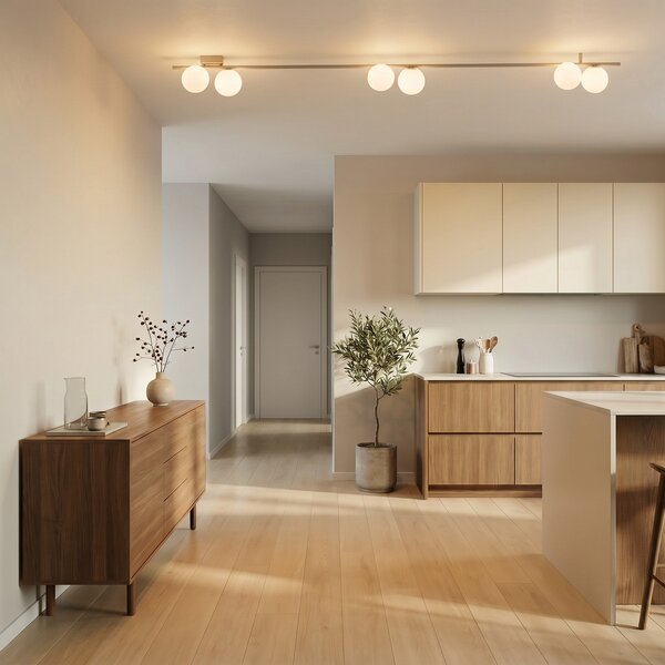 TK Lighting Φωτιστικό οροφής Imelo, κρεμ, 6 λάμπες, γυαλί, μήκος 200 cm, ρυθμιζόμενος, Μπεζ, υπνοδωμάτιο, Γυαλί