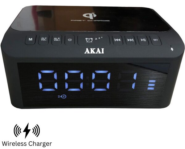 Akai ACRB-1000 Ξυπνητήρι, ασύρματος φορτιστής και ηχείο Bluetooth με διπλό USB, Aux-In και FM – 5W RMS