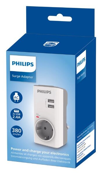 Philips CHP4010W/GRS Μονόπριζο ασφαλείας με 2USB, 3680W, 380J