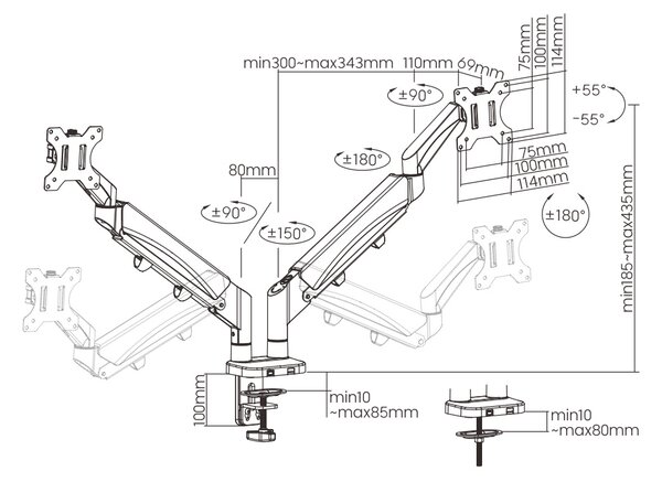 BRATECK βάση γραφείου LDT56-C024 για 2 οθόνες 17"-32", έως 9kg ανά οθόνη