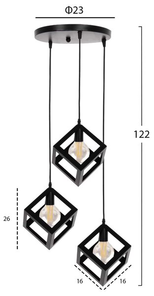 ΦΩΤΙΣΤΙΚΟ ΟΡΟΦΗΣ ΚΡΕΜΑΣΤΟ HM4036 3 ΚΥΒΟΙ ΜΑΥΡΟ ΜΕΤΑΛΛΟ Φ23x122Yεκ