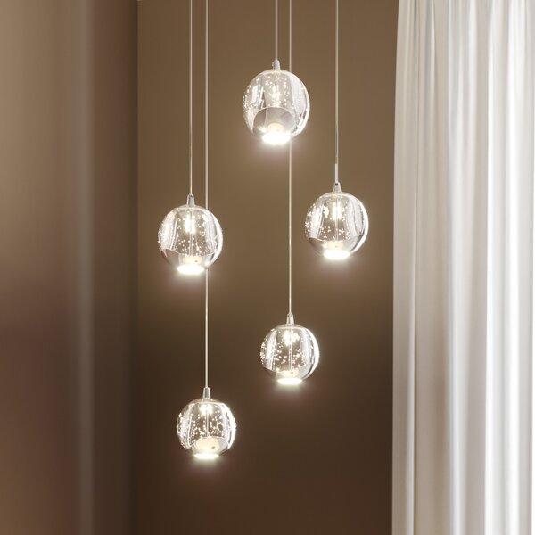 Lucande LED κρεμαστό φωτιστικό Hayley, Ø 30 cm, 5-φωτο, χρώμιο, γυαλί, Διαφανές, Σαλόνι / τραπεζαρία, Γυαλί, σύγχρονο