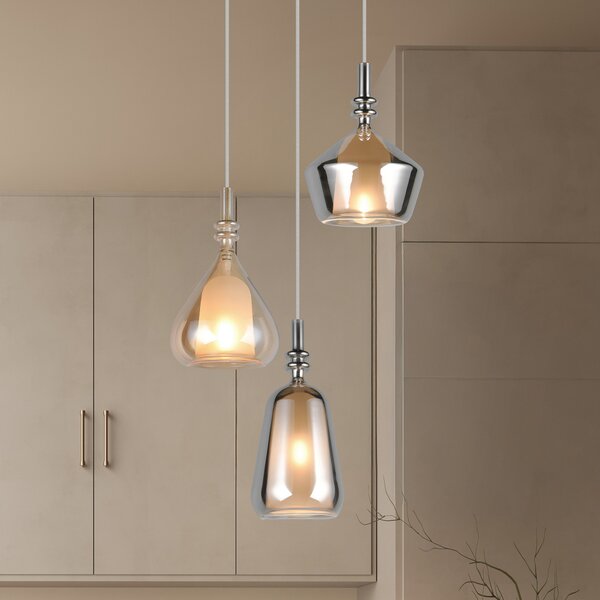 Trio Lighting Κρεμαστό φωτιστικό Aldea, Ø 28 cm, λευκό/κεχριμπάρι/χρώμιο, γυαλί, 3 φώτα., ρυθμιζόμενος, Μπεζ, Σαλόνι / τραπεζαρία, Γυαλί