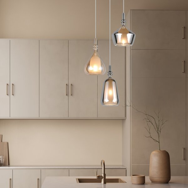Trio Lighting Κρεμαστό φωτιστικό Aldea, Ø 28 cm, λευκό/κεχριμπάρι/χρώμιο, γυαλί, 3 φώτα., ρυθμιζόμενος, Μπεζ, Σαλόνι / τραπεζαρία, Γυαλί