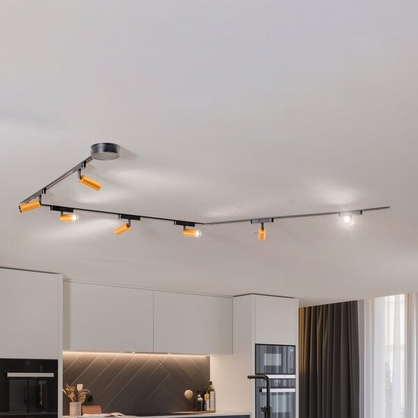 Lindby Lumaro track system, προβολείς, 7-light, χρυσό, Ø4cm,48V,dimmable, ρυθμιζόμενος, Μαύρο, Σαλόνι / τραπεζαρία, Αλουμίνιο, σύγχρονο
