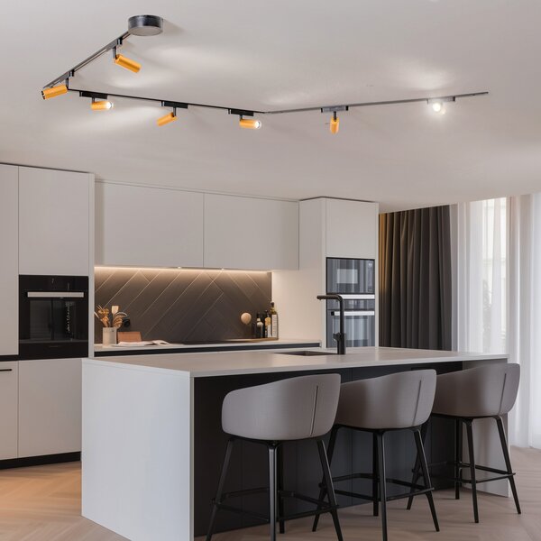Lindby Lumaro track system, προβολείς, 7-light, χρυσό, Ø4cm,48V,dimmable, ρυθμιζόμενος, Μαύρο, Σαλόνι / τραπεζαρία, Αλουμίνιο, σύγχρονο