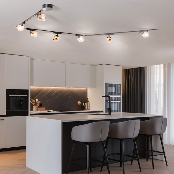 Lindby Lumaro track system, προβολείς, 7-light, χρυσό, Ø8cm,48V,dimmable, ρυθμιζόμενος, Μαύρο, Σαλόνι / τραπεζαρία, Πλαστικό, σύγχρονο