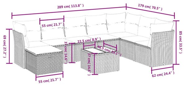 Σαλόνι Κήπου Σετ 9 Τεμαχίων Γκρι Συνθετικό Ρατάν με Μαξιλάρια - Γκρι