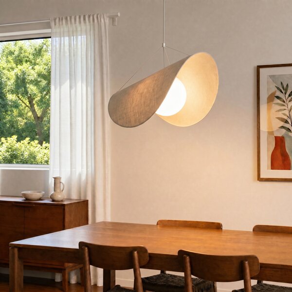 Lucande LED κρεμαστό φωτιστικό Sansibar, λευκό, λινό, 1 φωτιστικό, ρυθμιζόμενος, Μπεζ, Σαλόνι / τραπεζαρία, Ύφασμα / Κλωστοϋφαντουργία, σχεδιασμός