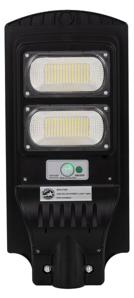 GloboStar® 71551 Αυτόνομο Ηλιακό Φωτιστικό Δρόμου Street Light LED SMD 100W 8000lm με Ενσωματωμένη Μπαταρία Li-ion 5500mAh - Φωτοβολταϊκό Πάνελ με Αισθητήρα Ημέρας-Νύχτας PIR Αισθητήρα Κίνησης Αδιάβροχο IP65 Ψυχρό Λευκό 6000K