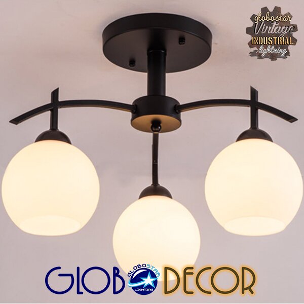 GloboStar® LUNA 01087 Μοντέρνο Φωτιστικό Οροφής Τριφωτο 3 x E27 AC220-240V IP20 - Φ45 x Υ40cm - Μαύρο Μεταλλικό με Λευκό Γυαλί Καμπάνα