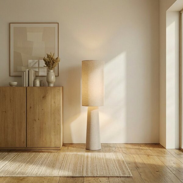Lindby Φωτιστικό δαπέδου Elfie, ύψος 124 cm, μπεζ, λινό, 2x E27, Μπεζ, Σαλόνι / τραπεζαρία, Ύφασμα / Κλωστοϋφαντουργία, Σκανδιναβικό