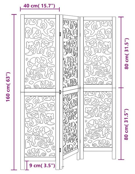 Διαχωριστικό Χώρου με 3 Πάνελ Μαύρο από Μασίφ Ξύλο Παυλώνιας - Μαύρο