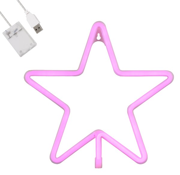 GloboStar® 78586 Φωτιστικό Ταμπέλα Φωτεινή Επιγραφή NEON LED Σήμανσης STAR 5W με Καλώδιο Τροφοδοσίας USB - Μπαταρίας 3xAAA (Δεν Περιλαμβάνονται) - Ροζ