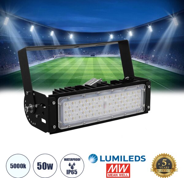 GloboStar® GOLIATH 90100-1 LED Προβολέας Γηπέδου - Φωτιστικό Tunnel 50W 8000LM 75°*135° AC 100-277V IP65 Μ32 x Π12 x Υ9cm Ψυχρό Λευκό 5000K - MeanWell Driver & LumiLEDs Chip - 5 Χρόνια Εγγύηση