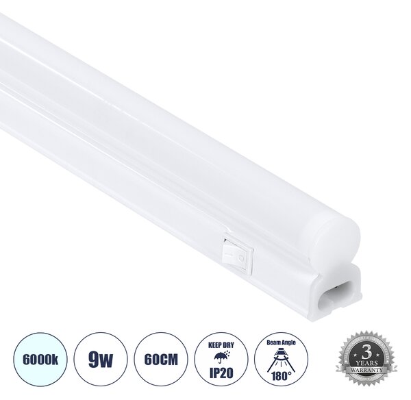 GloboStar® TUBO 60787 Γραμμικό Φωτιστικό Οροφής Linear LED Τύπου T5 Επεκτεινόμενο 9W 900lm 180° AC 220-240V IP20 Πάγκου Κουζίνας με Διακόπτη On/Off Μ60 x Π2.2 x Υ3.5cm Ψυχρό Λευκό 6000K - Λευκό - 3 Years Warranty