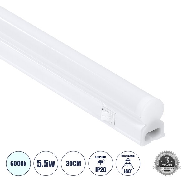 GloboStar® TUBO 60784 Γραμμικό Φωτιστικό Οροφής Linear LED Τύπου T5 Επεκτεινόμενο 5.5W 550lm 180° AC 220-240V IP20 Πάγκου Κουζίνας με Διακόπτη On/Off Μ30 x Π2.2 x Υ3.5cm Ψυχρό Λευκό 6000K - Λευκό - 3 Years Warranty