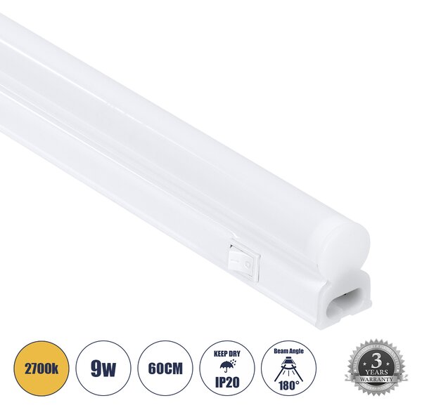 GloboStar® TUBO 60789 Γραμμικό Φωτιστικό Οροφής Linear LED Τύπου T5 Επεκτεινόμενο 9W 864lm 180° AC 220-240V IP20 Πάγκου Κουζίνας με Διακόπτη On/Off Μ60 x Π2.2 x Υ3.5cm Θερμό Λευκό 2700K - Λευκό - 3 Years Warranty