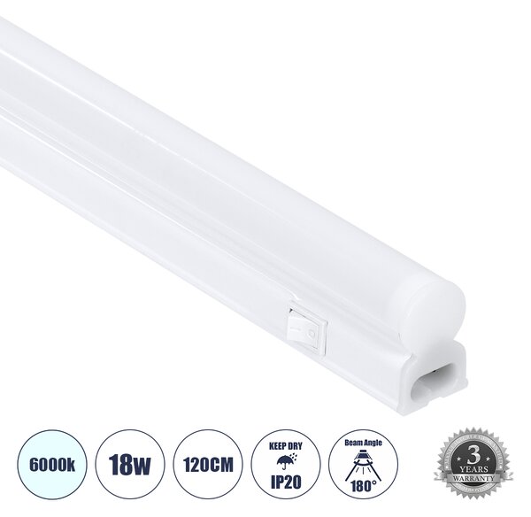 GloboStar® TUBO 60790 Γραμμικό Φωτιστικό Οροφής Linear LED Τύπου T5 Επεκτεινόμενο 18W 1800lm 180° AC 220-240V IP20 Πάγκου Κουζίνας με Διακόπτη On/Off Μ120 x Π2.2 x Υ3.5cm Ψυχρό Λευκό 6000K - Λευκό - 3 Years Warranty