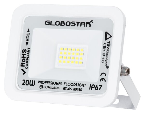 GloboStar® ATLAS 61407 Επαγγελματικός Προβολέας LED 20W 2500lm 120° AC 220-240V - Αδιάβροχος IP67 - Μ12 x Π2.5 x Υ9.5cm - Λευκό - Ψυχρό Λευκό 6000K - LUMILEDS Chips - TÜV Rheinland Certified - 5 Years Warranty