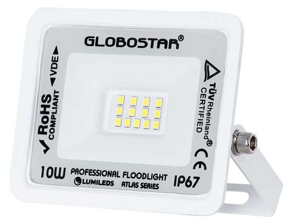 GloboStar® ATLAS 61404 Επαγγελματικός Προβολέας LED 10W 1250lm 120° AC 220-240V - Αδιάβροχος IP67 - Μ10 x Π2 x Υ8cm - Λευκό - Ψυχρό Λευκό 6000K - LUMILEDS Chips - TÜV Rheinland Certified - 5 Years Warranty