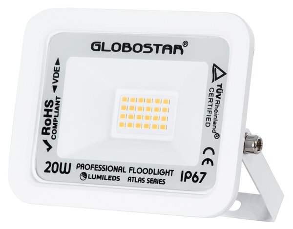 GloboStar® ATLAS 61409 Επαγγελματικός Προβολέας LED 20W 2300lm 120° AC 220-240V - Αδιάβροχος IP67 - Μ12 x Π2.5 x Υ9.5cm - Λευκό - Θερμό Λευκό 2700K - LUMILEDS Chips - TÜV Rheinland Certified - 5 Years Warranty