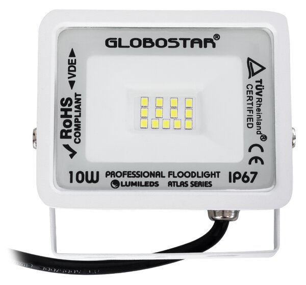 GloboStar® ATLAS 61404 Επαγγελματικός Προβολέας LED 10W 1250lm 120° AC 220-240V - Αδιάβροχος IP67 - Μ10 x Π2 x Υ8cm - Λευκό - Ψυχρό Λευκό 6000K - LUMILEDS Chips - TÜV Rheinland Certified - 5 Years Warranty