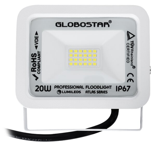 GloboStar® ATLAS 61407 Επαγγελματικός Προβολέας LED 20W 2500lm 120° AC 220-240V - Αδιάβροχος IP67 - Μ12 x Π2.5 x Υ9.5cm - Λευκό - Ψυχρό Λευκό 6000K - LUMILEDS Chips - TÜV Rheinland Certified - 5 Years Warranty