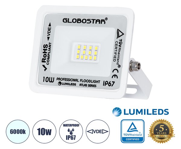 GloboStar® ATLAS 61404 Επαγγελματικός Προβολέας LED 10W 1250lm 120° AC 220-240V - Αδιάβροχος IP67 - Μ10 x Π2 x Υ8cm - Λευκό - Ψυχρό Λευκό 6000K - LUMILEDS Chips - TÜV Rheinland Certified - 5 Years Warranty