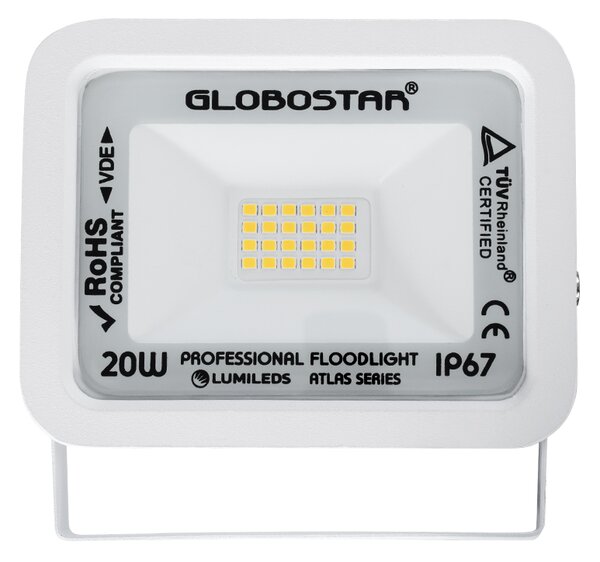 GloboStar® ATLAS 61409 Επαγγελματικός Προβολέας LED 20W 2300lm 120° AC 220-240V - Αδιάβροχος IP67 - Μ12 x Π2.5 x Υ9.5cm - Λευκό - Θερμό Λευκό 2700K - LUMILEDS Chips - TÜV Rheinland Certified - 5 Years Warranty