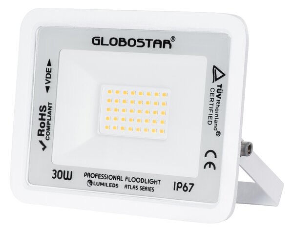 GloboStar® ATLAS 61415 Επαγγελματικός Προβολέας LED 30W 3450lm 120° AC 220-240V - Αδιάβροχος IP67 - Μ16 x Π2.5 x Υ12.5cm - Λευκό - Θερμό Λευκό 2700K - LUMILEDS Chips - TÜV Rheinland Certified - 5 Years Warranty