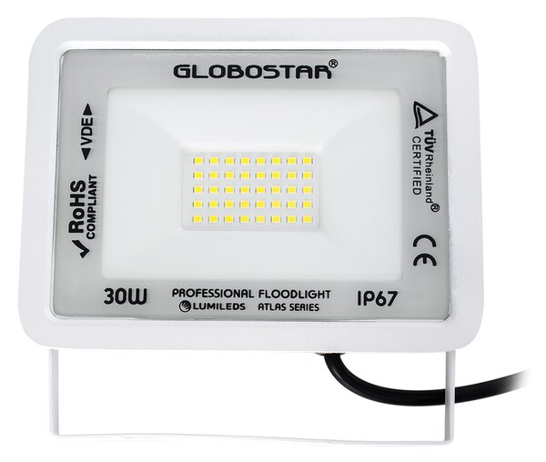 GloboStar® ATLAS 61413 Επαγγελματικός Προβολέας LED 30W 3750lm 120° AC 220-240V - Αδιάβροχος IP67 - Μ16 x Π2.5 x Υ12.5cm - Λευκό - Ψυχρό Λευκό 6000K - LUMILEDS Chips - TÜV Rheinland Certified - 5 Years Warranty