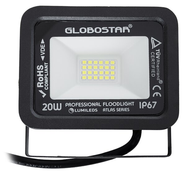 GloboStar® ATLAS 61410 Επαγγελματικός Προβολέας LED 20W 2500lm 120° AC 220-240V - Αδιάβροχος IP67 - Μ12 x Π2.5 x Υ9.5cm - Μαύρο - Ψυχρό Λευκό 6000K - LUMILEDS Chips - TÜV Rheinland Certified - 5 Years Warranty