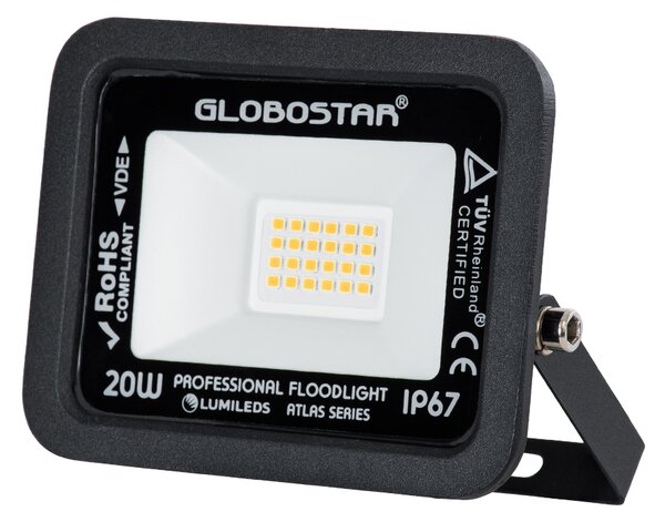 GloboStar® ATLAS 61412 Επαγγελματικός Προβολέας LED 20W 2300lm 120° AC 220-240V - Αδιάβροχος IP67 - Μ12 x Π2.5 x Υ9.5cm - Μαύρο - Θερμό Λευκό 2700K - LUMILEDS Chips - TÜV Rheinland Certified - 5 Years Warranty