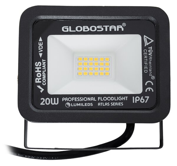 GloboStar® ATLAS 61412 Επαγγελματικός Προβολέας LED 20W 2300lm 120° AC 220-240V - Αδιάβροχος IP67 - Μ12 x Π2.5 x Υ9.5cm - Μαύρο - Θερμό Λευκό 2700K - LUMILEDS Chips - TÜV Rheinland Certified - 5 Years Warranty