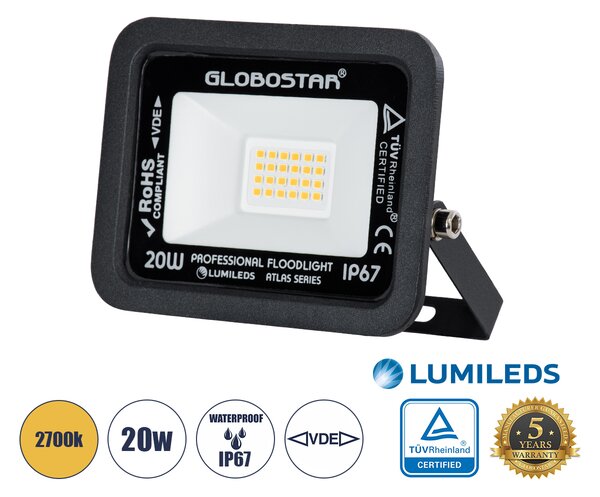 GloboStar® ATLAS 61412 Επαγγελματικός Προβολέας LED 20W 2300lm 120° AC 220-240V - Αδιάβροχος IP67 - Μ12 x Π2.5 x Υ9.5cm - Μαύρο - Θερμό Λευκό 2700K - LUMILEDS Chips - TÜV Rheinland Certified - 5 Years Warranty