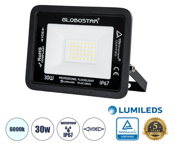 GloboStar® ATLAS 61416 Επαγγελματικός Προβολέας LED 30W 3750lm 120° AC 220-240V - Αδιάβροχος IP67 - Μ16 x Π2.5 x Υ12.5cm - Μαύρο - Ψυχρό Λευκό 6000K - LUMILEDS Chips - TÜV Rheinland Certified - 5 Years Warranty