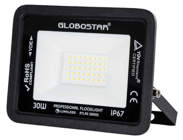 GloboStar® ATLAS 61416 Επαγγελματικός Προβολέας LED 30W 3750lm 120° AC 220-240V - Αδιάβροχος IP67 - Μ16 x Π2.5 x Υ12.5cm - Μαύρο - Ψυχρό Λευκό 6000K - LUMILEDS Chips - TÜV Rheinland Certified - 5 Years Warranty