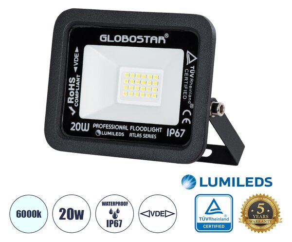 GloboStar® ATLAS 61410 Επαγγελματικός Προβολέας LED 20W 2500lm 120° AC 220-240V - Αδιάβροχος IP67 - Μ12 x Π2.5 x Υ9.5cm - Μαύρο - Ψυχρό Λευκό 6000K - LUMILEDS Chips - TÜV Rheinland Certified - 5 Years Warranty