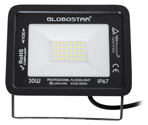 GloboStar® ATLAS 61416 Επαγγελματικός Προβολέας LED 30W 3750lm 120° AC 220-240V - Αδιάβροχος IP67 - Μ16 x Π2.5 x Υ12.5cm - Μαύρο - Ψυχρό Λευκό 6000K - LUMILEDS Chips - TÜV Rheinland Certified - 5 Years Warranty