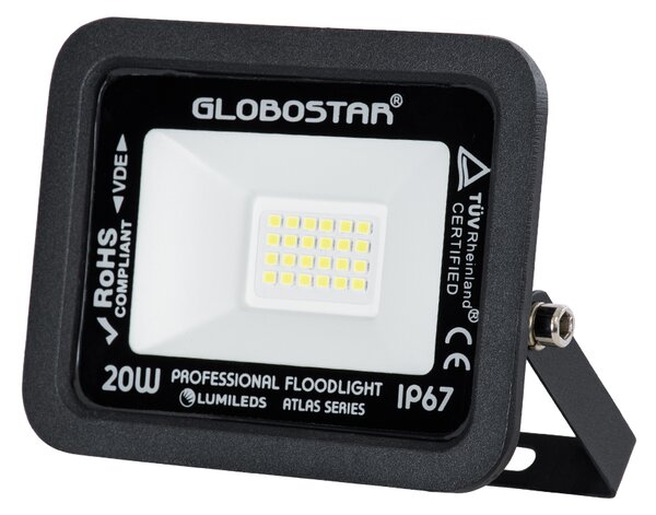 GloboStar® ATLAS 61410 Επαγγελματικός Προβολέας LED 20W 2500lm 120° AC 220-240V - Αδιάβροχος IP67 - Μ12 x Π2.5 x Υ9.5cm - Μαύρο - Ψυχρό Λευκό 6000K - LUMILEDS Chips - TÜV Rheinland Certified - 5 Years Warranty