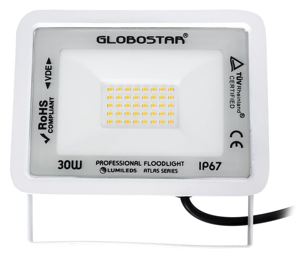 GloboStar® ATLAS 61415 Επαγγελματικός Προβολέας LED 30W 3450lm 120° AC 220-240V - Αδιάβροχος IP67 - Μ16 x Π2.5 x Υ12.5cm - Λευκό - Θερμό Λευκό 2700K - LUMILEDS Chips - TÜV Rheinland Certified - 5 Years Warranty